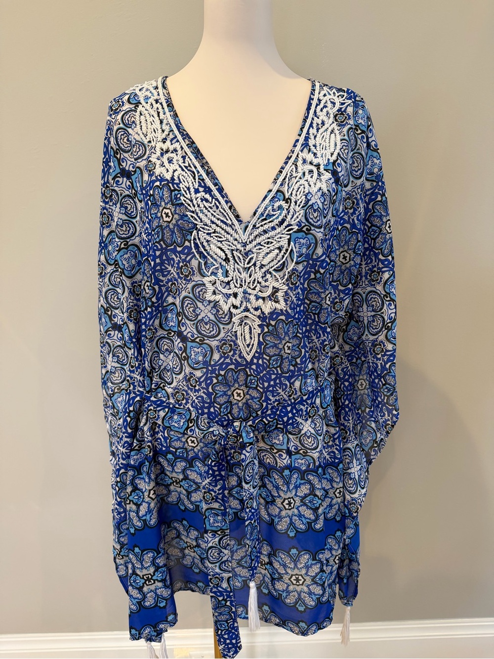 Rise & Bloom Blue Beaded Boho Tunic Cover Up Size Large